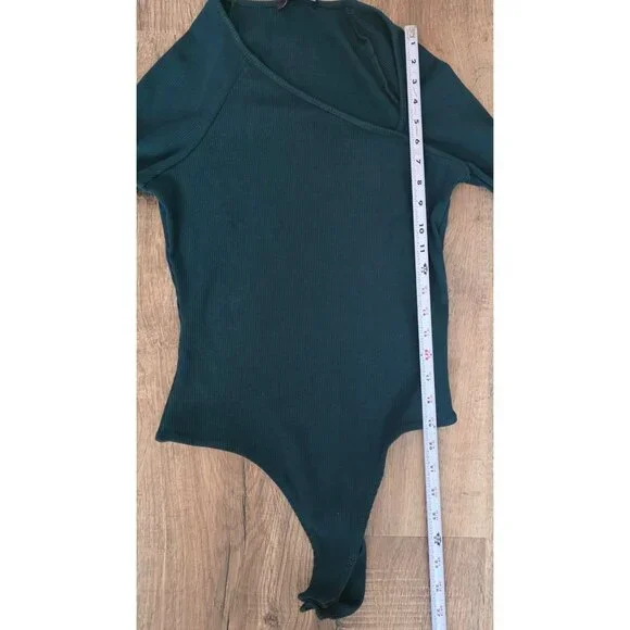Lulus Forest Green Ribbed Long Sleeve Asymmetrical Bodysuit XL - Picture 6 of 7